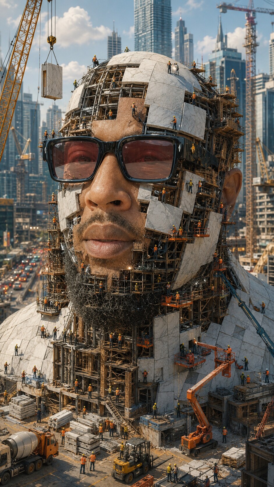 Surreal portrait of Karama Sadaka being constructed by miniature builders